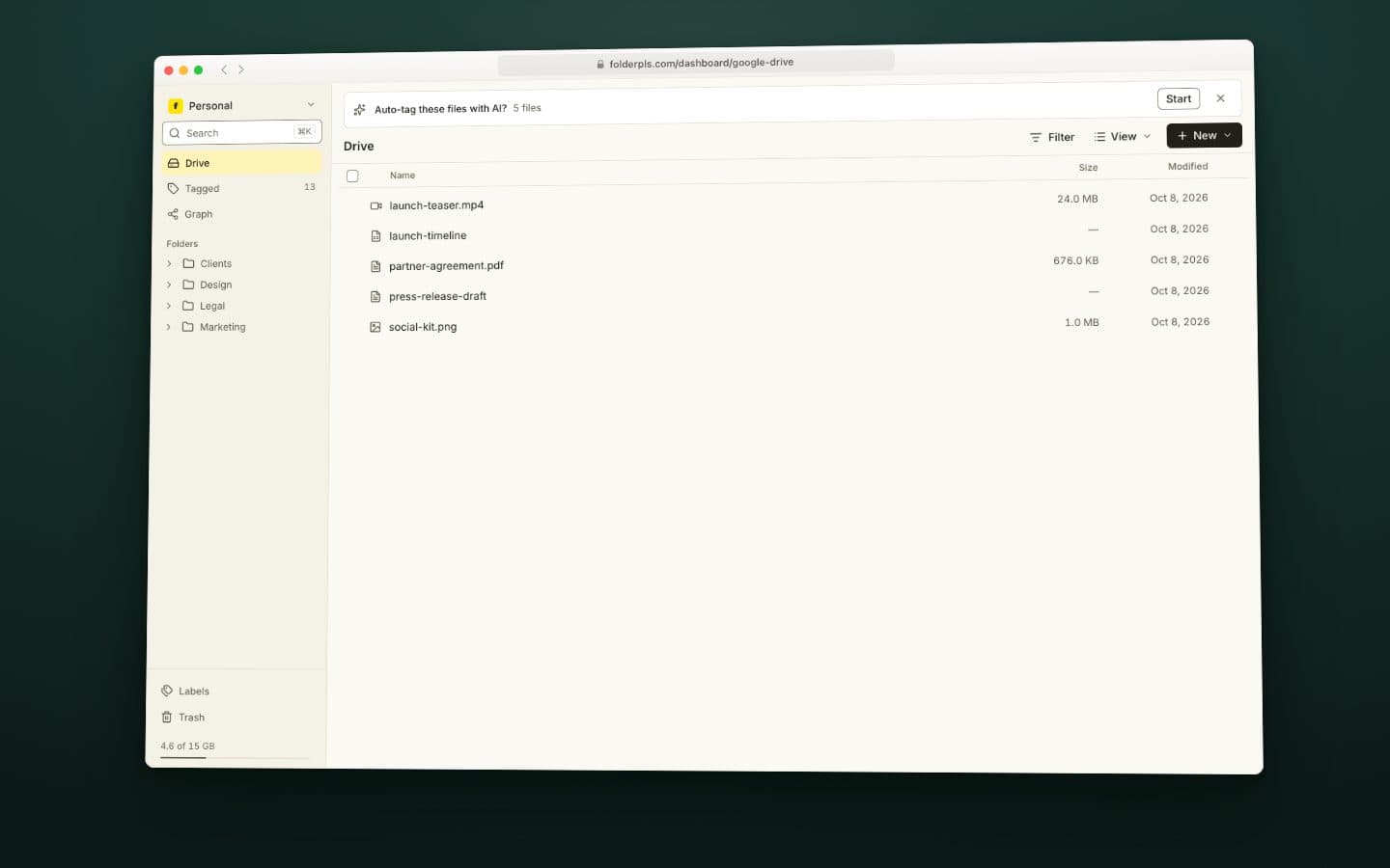 Still from the animation built from screens of the FolderPls panel with invented sample files: AI tagging started with a button, labels appearing on Drive files, then the files mapped in a graph