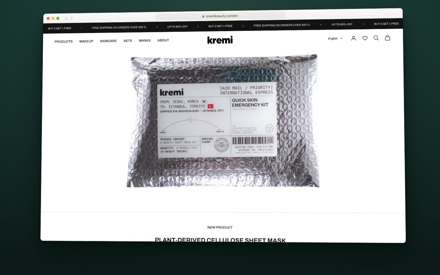 Still from the animation built from the Kremi website's English storefront on Shopify: best sellers, the header heart opening Favorites, the Products menu, the Masks page, a product card on hover, a product page with a variant switch and the cart drawer