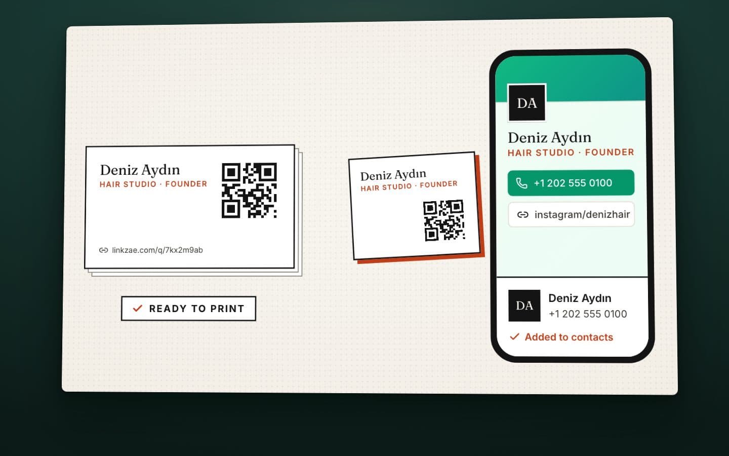 Still from the animation built from LinkZae's own interface, as shown on its site: a digital business card designed, its QR code printed and the contact saved