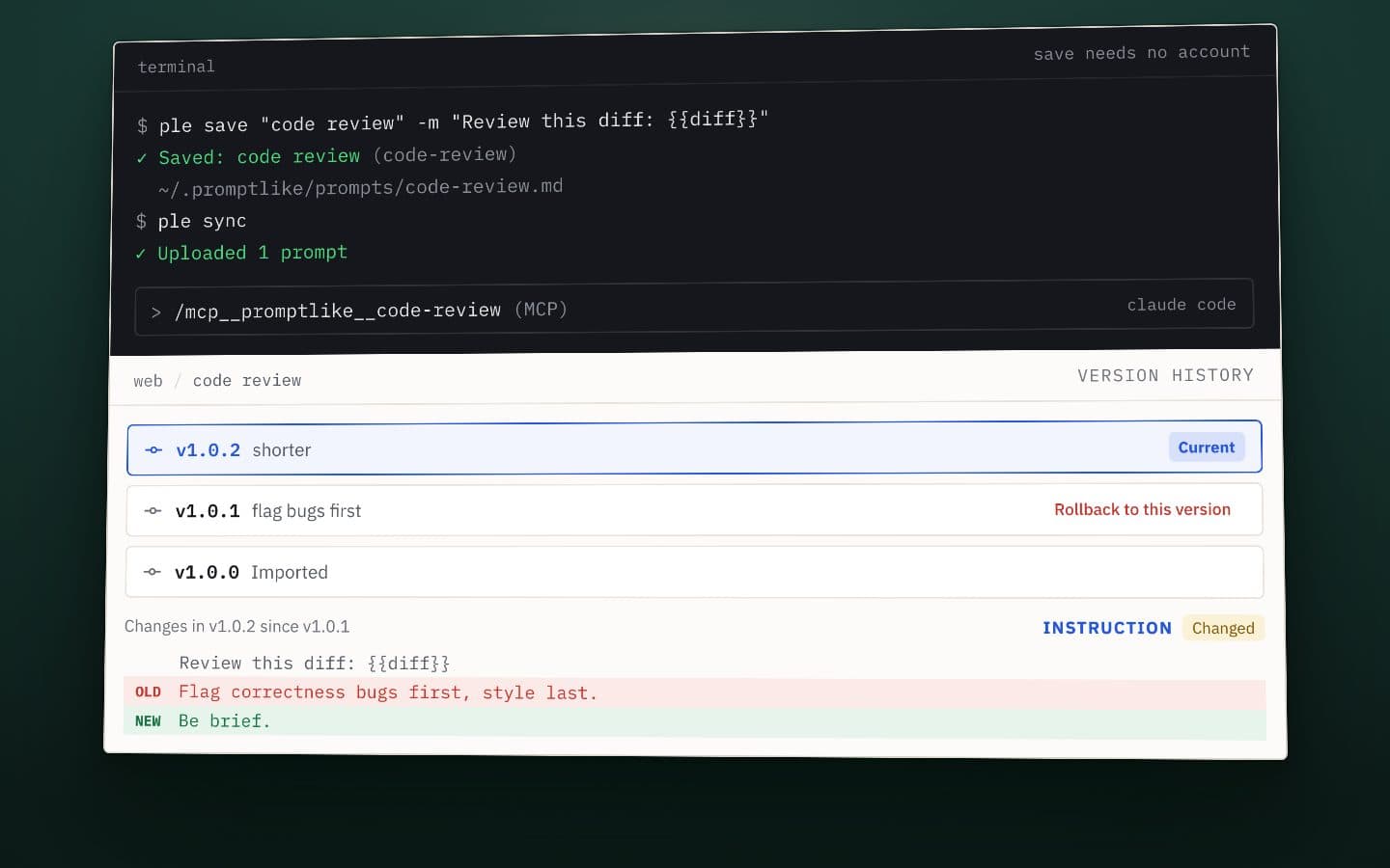 Still from the animation built from PromptLikeEngineer's own interface, as shown on its site: two versions of a prompt compared and one rolled back