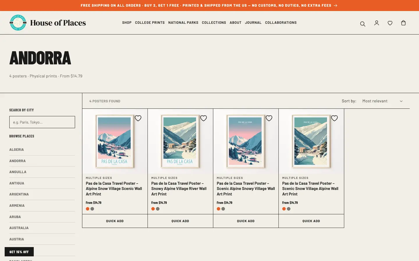 A collection page for Andorra: a large title, a search-by-city box and places list on the left, and four poster cards each with a price and a Quick add button.