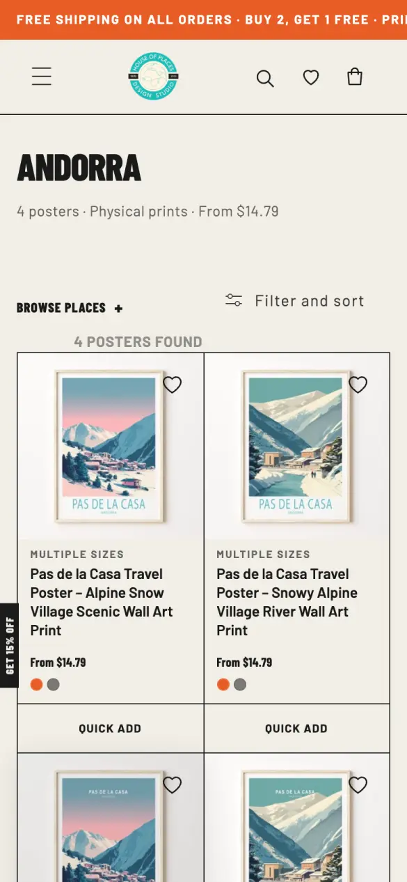 A collection page on a phone: a title, a filter and sort control, and two columns of poster cards with Quick add buttons.