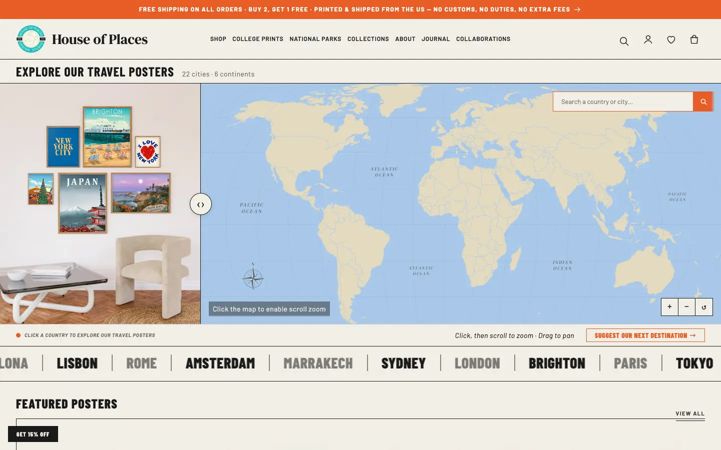 The House of Places home page: an orange announcement bar, the header, a framed-poster wall photo beside a world map with a country and city search box, and a ticker of city names.