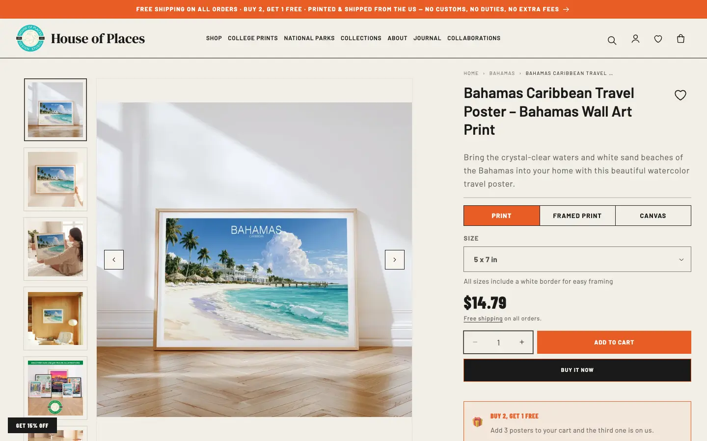 A poster product page: a gallery of room photos with a Bahamas beach poster, the title, Print, Framed print and Canvas buttons, a size menu, a price, and Add to cart and Buy it now buttons.