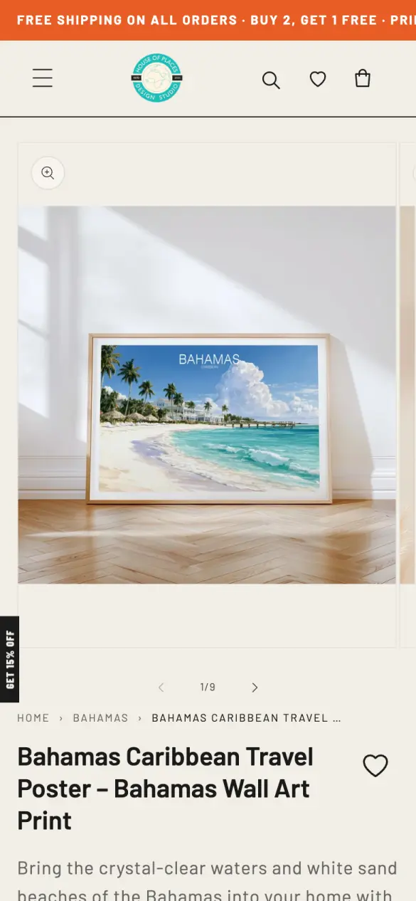 A product page on a phone: a Bahamas beach poster in a swipeable gallery, then the title and description.