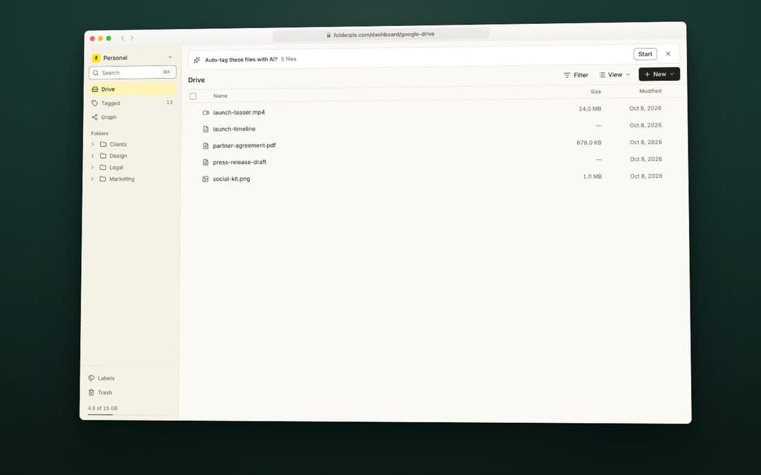 Still from the animation built from screens of the FolderPls panel with invented sample files: AI tagging started with a button, labels appearing on Drive files, then the files mapped in a graph
