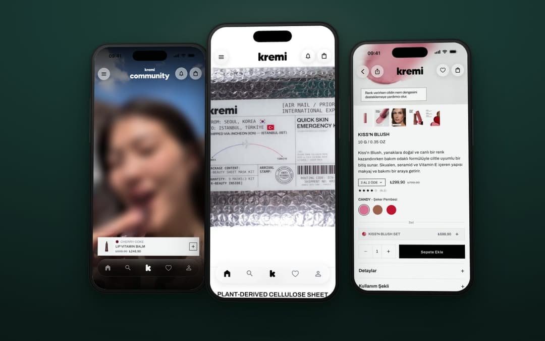 Still from the animation built from a screen recording of the Kremi app on an iPhone, in Turkish: the video home screen, best sellers, the Community video feed with the creators' faces blurred, the Makeup collection, the Kiss'n Blush product page with a shade change, and a search for blush