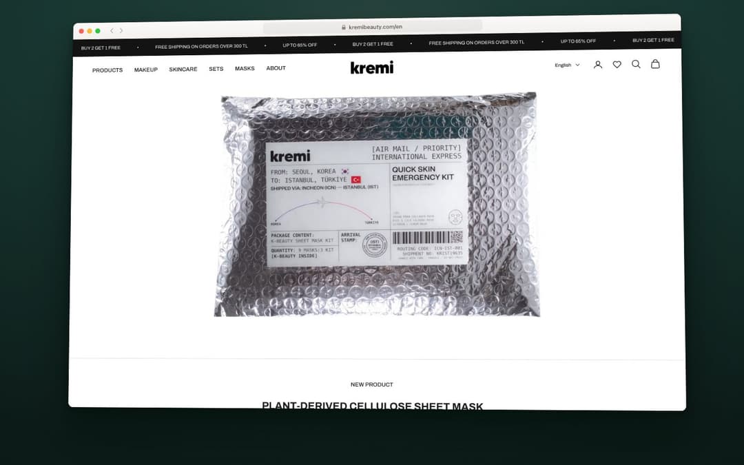 Still from the animation built from the Kremi website's English storefront on Shopify: best sellers, the header heart opening Favorites, the Products menu, the Masks page, a product card on hover, a product page with a variant switch and the cart drawer