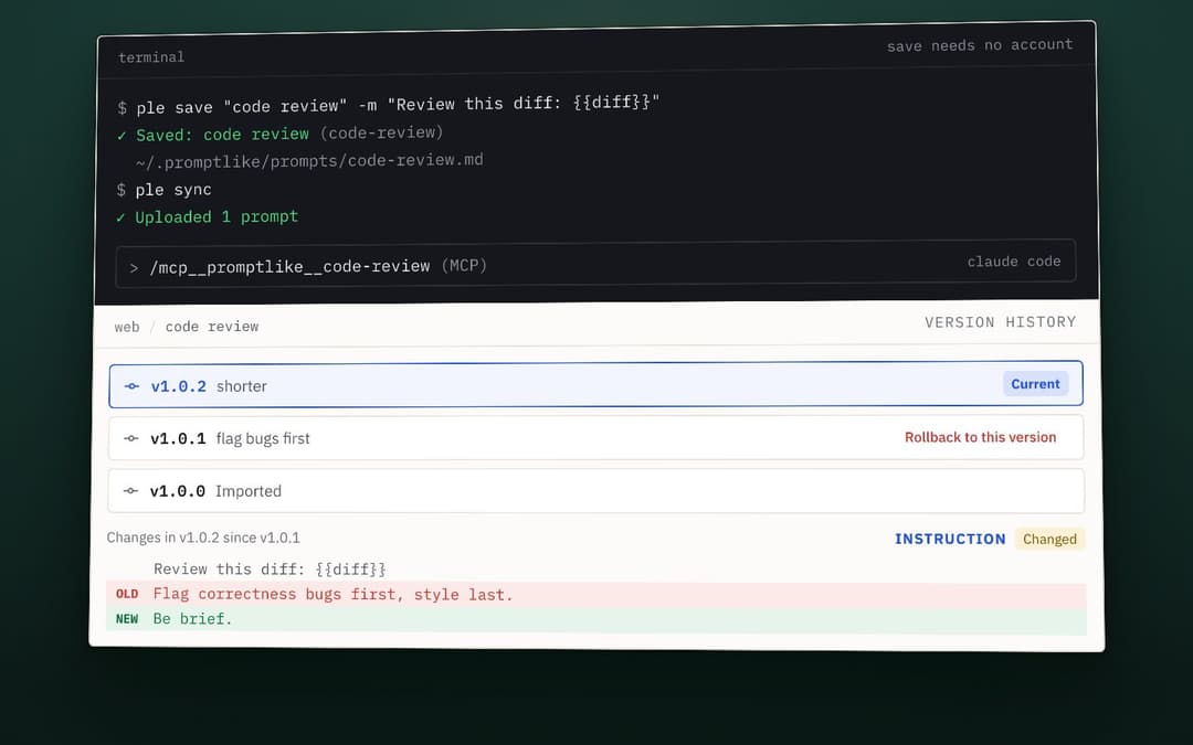 Still from the animation built from PromptLikeEngineer's own interface, as shown on its site: two versions of a prompt compared and one rolled back