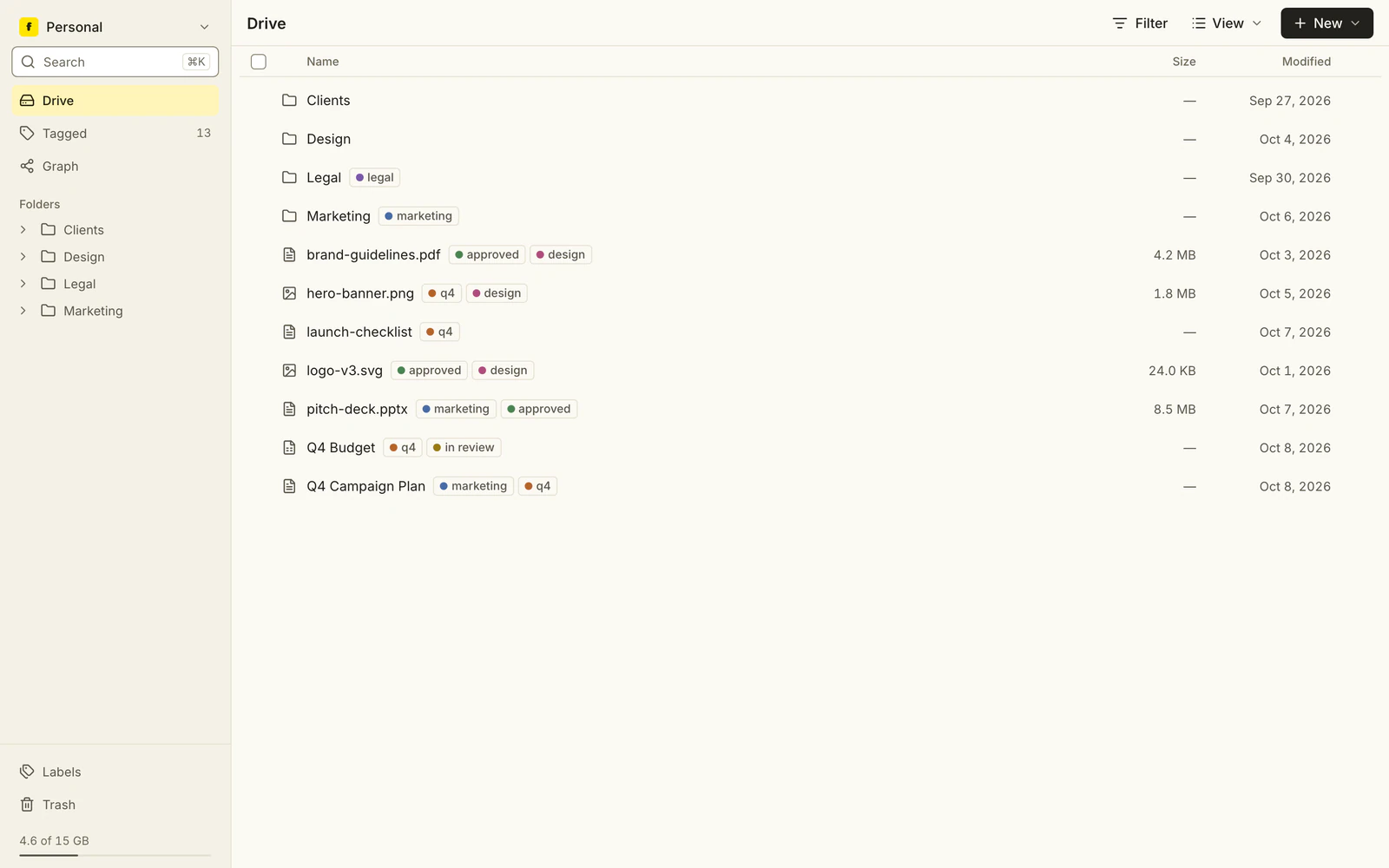 The FolderPls panel: a sidebar with Drive, Tagged, Graph and a folder tree, and a file list where rows such as brand-guidelines.pdf and Q4 Budget carry colored label chips.