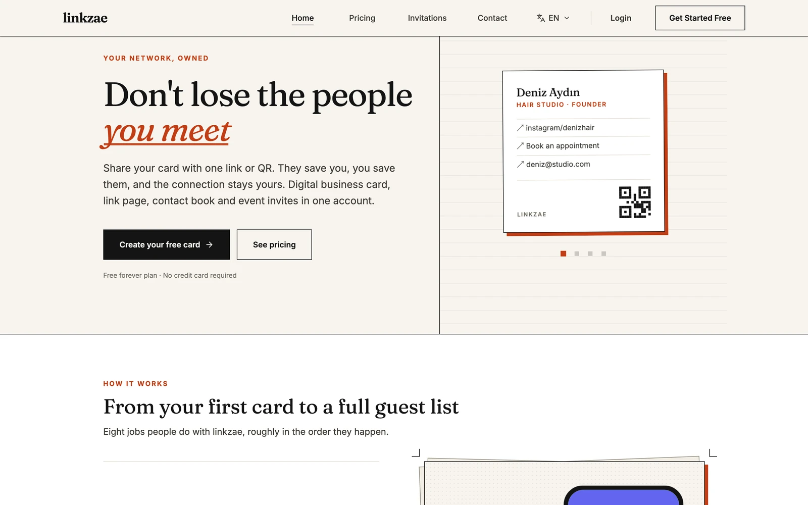 The LinkZae home page: the headline Don't lose the people you meet, and a sample business card with a QR code.