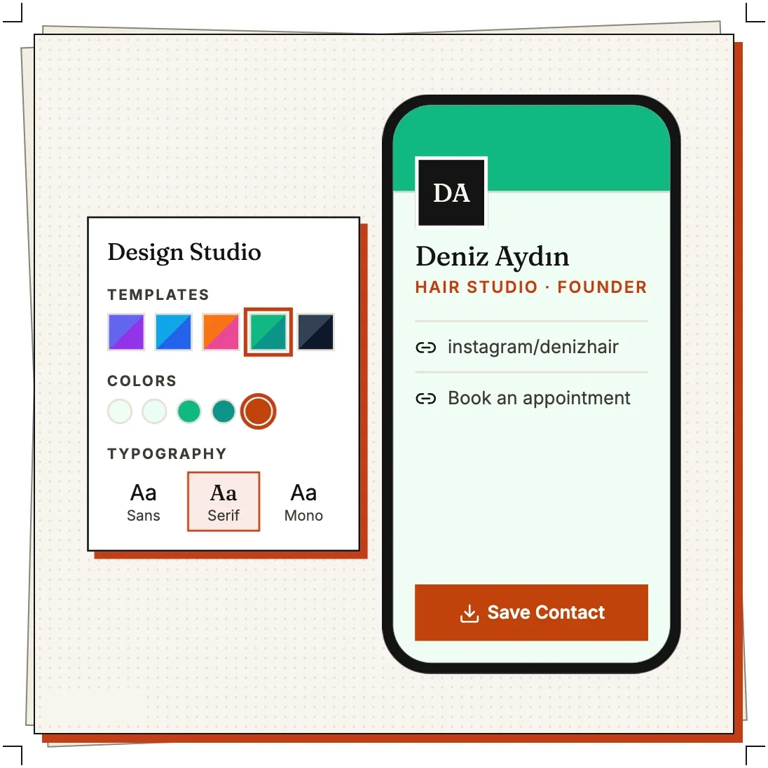 A Design Studio panel with template, color and typography options beside a phone showing a green sample card.
