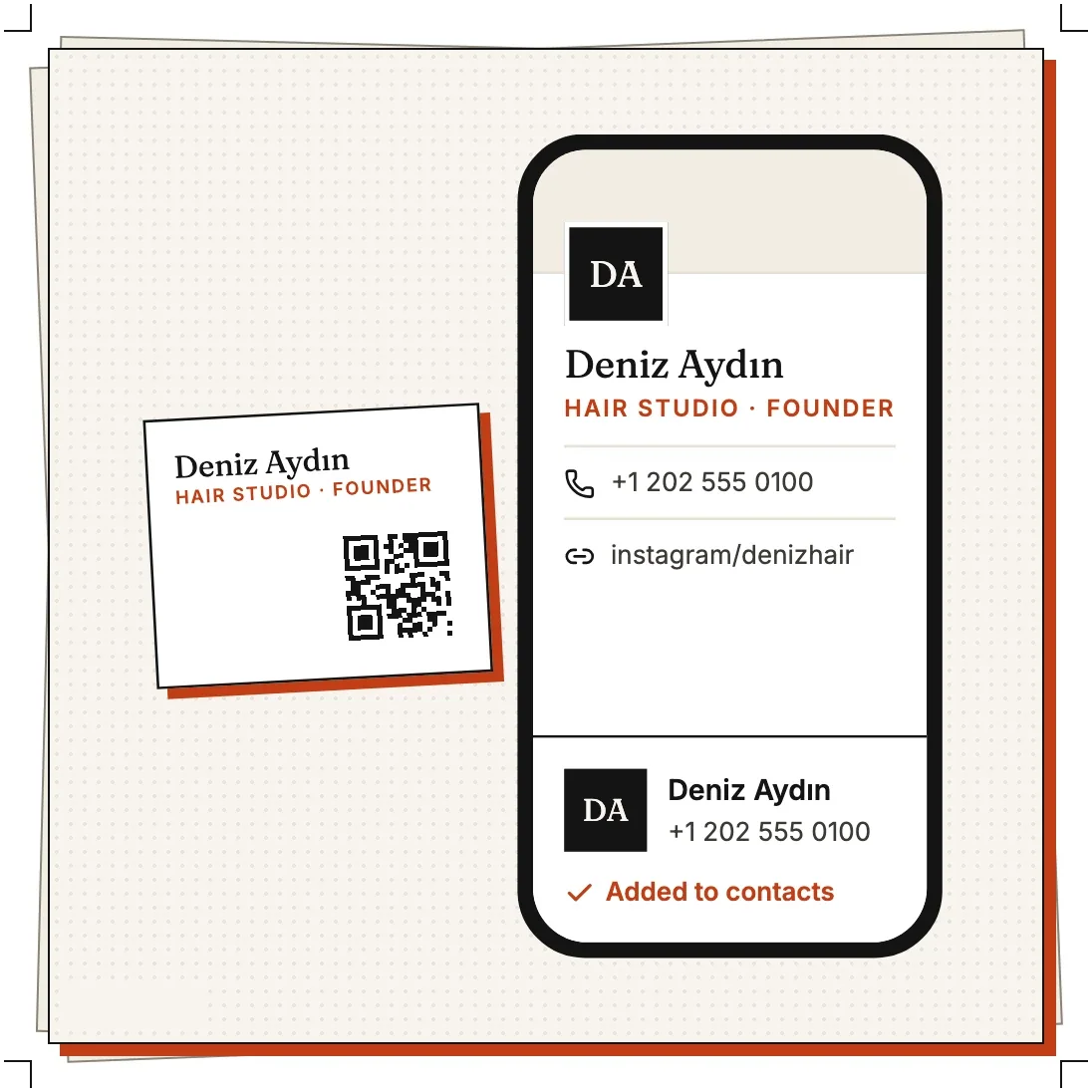 A printed card beside a phone showing the card's page and an Added to contacts confirmation.