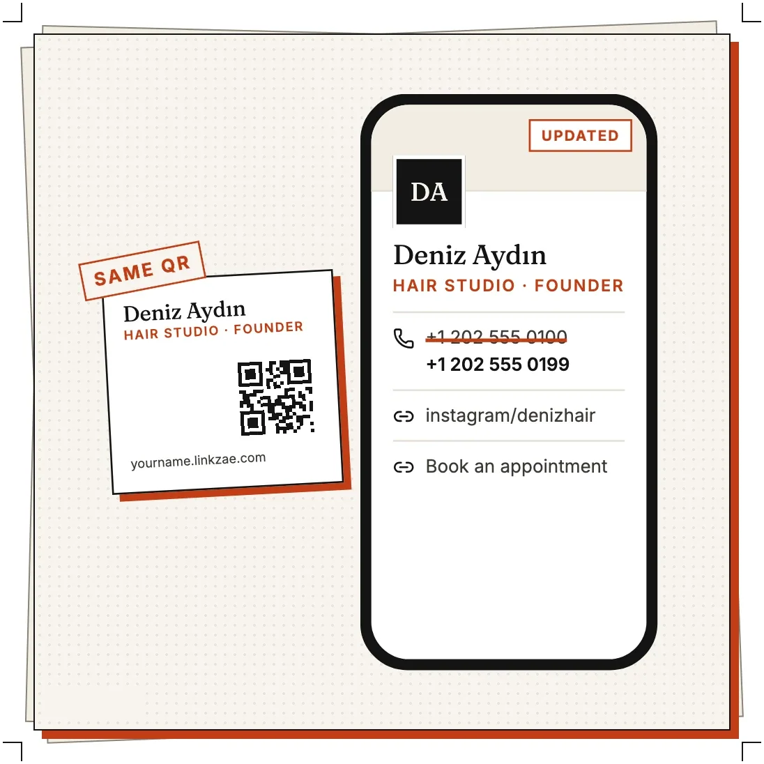 A printed card marked Same QR next to a phone whose phone number is struck through and replaced, tagged Updated.