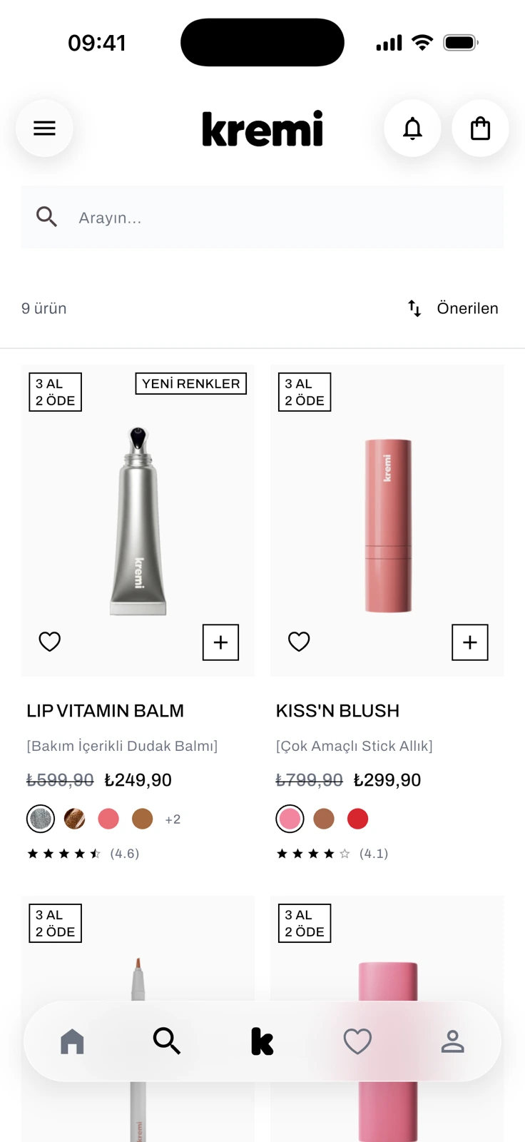 The MAKYAJ (Makeup) collection: a search field, a product count with an Önerilen (Recommended) sort, and product cards for Lip Vitamin Balm and Kiss'n Blush with badges, prices, color dots and ratings.