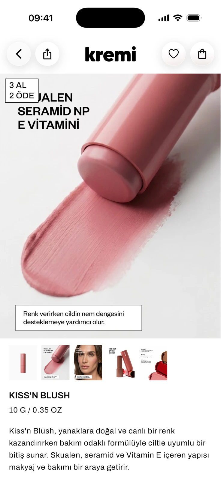 The Kiss'n Blush product page: a large gallery photo of a pink blush stick with a Turkish ingredient callout and a 3 AL 2 ÖDE badge, a row of thumbnails, then the product name, size and description.