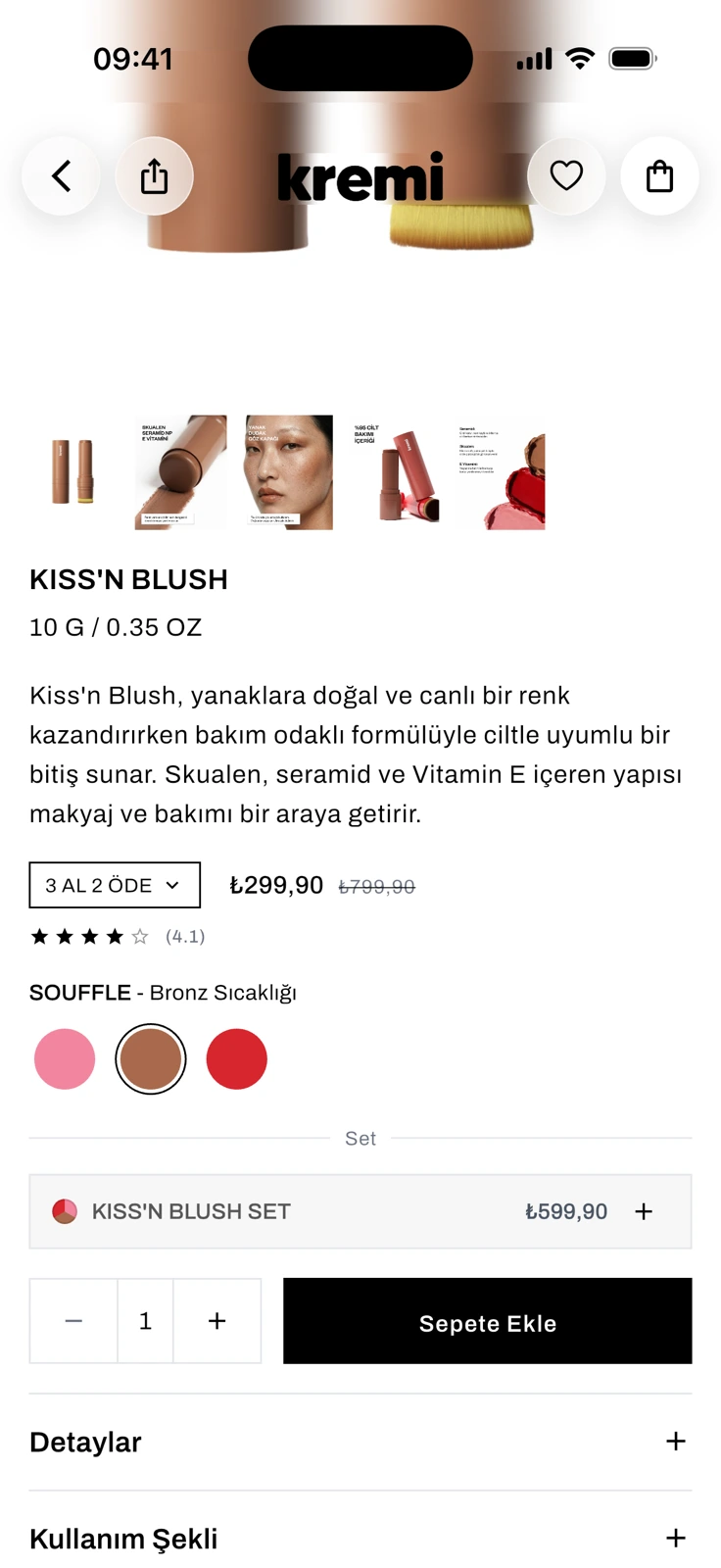 The Kiss'n Blush product page with the bronze Souffle swatch selected: bronze product thumbnails, the description, a 3 AL 2 ÖDE dropdown, price, star rating, three swatches, a Kiss'n Blush Set row, a quantity stepper and a black Sepete Ekle (Add to Cart) button.
