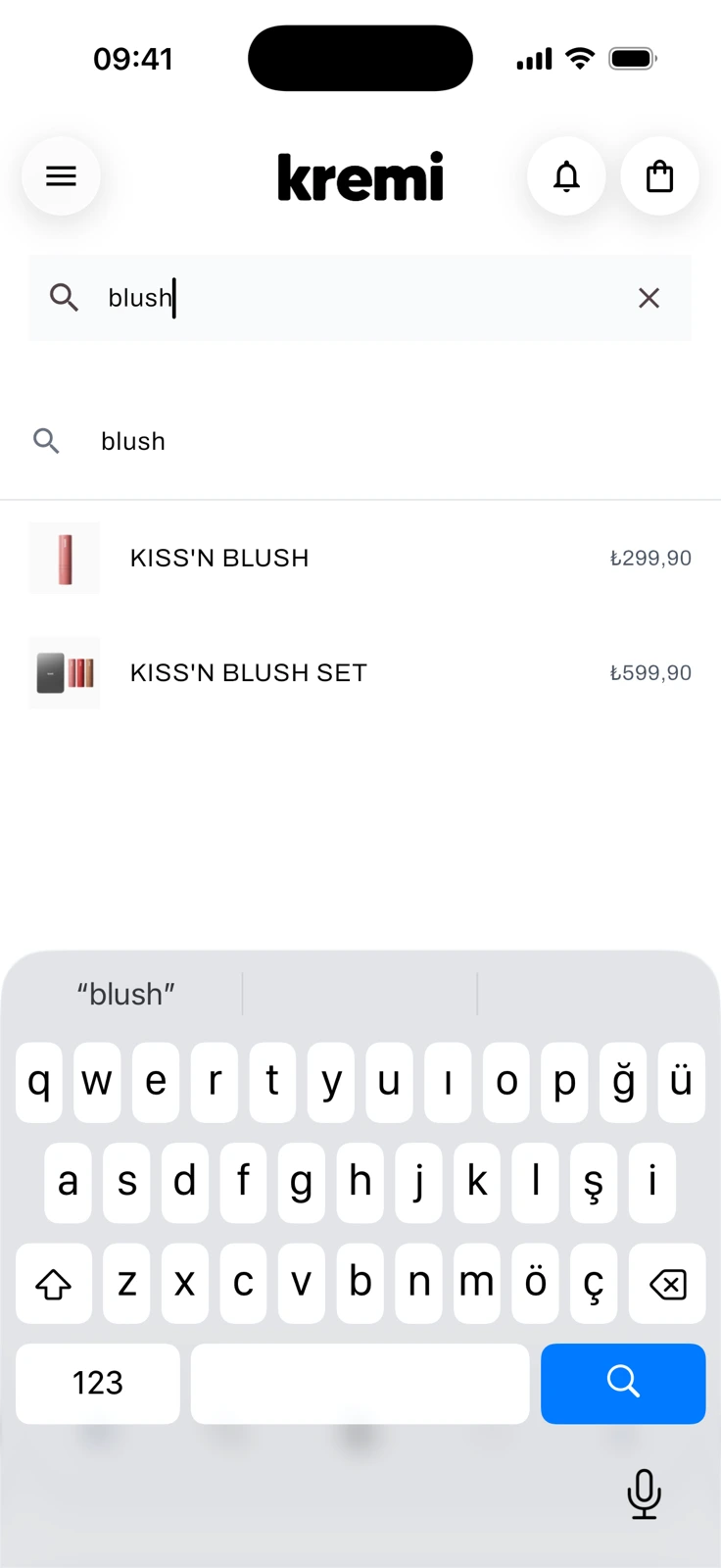 The search screen with “blush” typed: a suggestion row, then Kiss'n Blush and Kiss'n Blush Set with thumbnails and prices, above a Turkish keyboard.