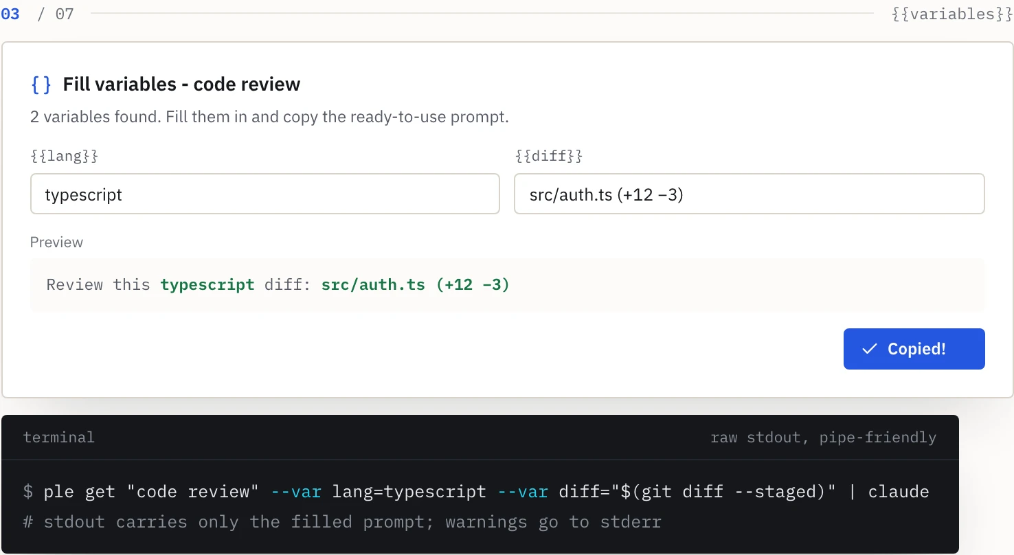 A Fill variables form with lang and diff fields and a preview of the filled prompt, above a terminal running ple get with --var flags.