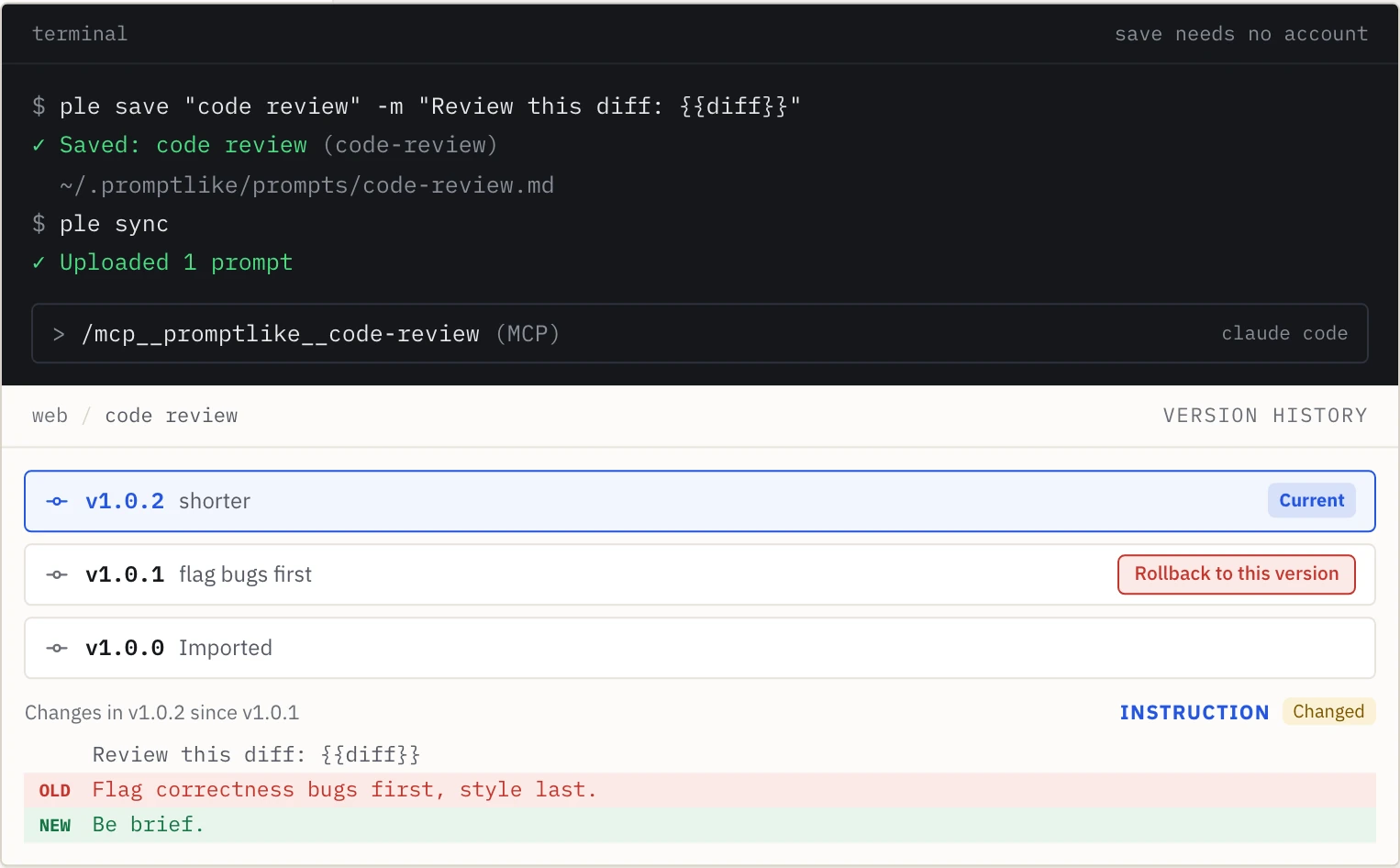 A version history with v1.0.2 marked Current, v1.0.1 with a Rollback to this version button and v1.0.0 Imported, above a diff of the changed instruction.