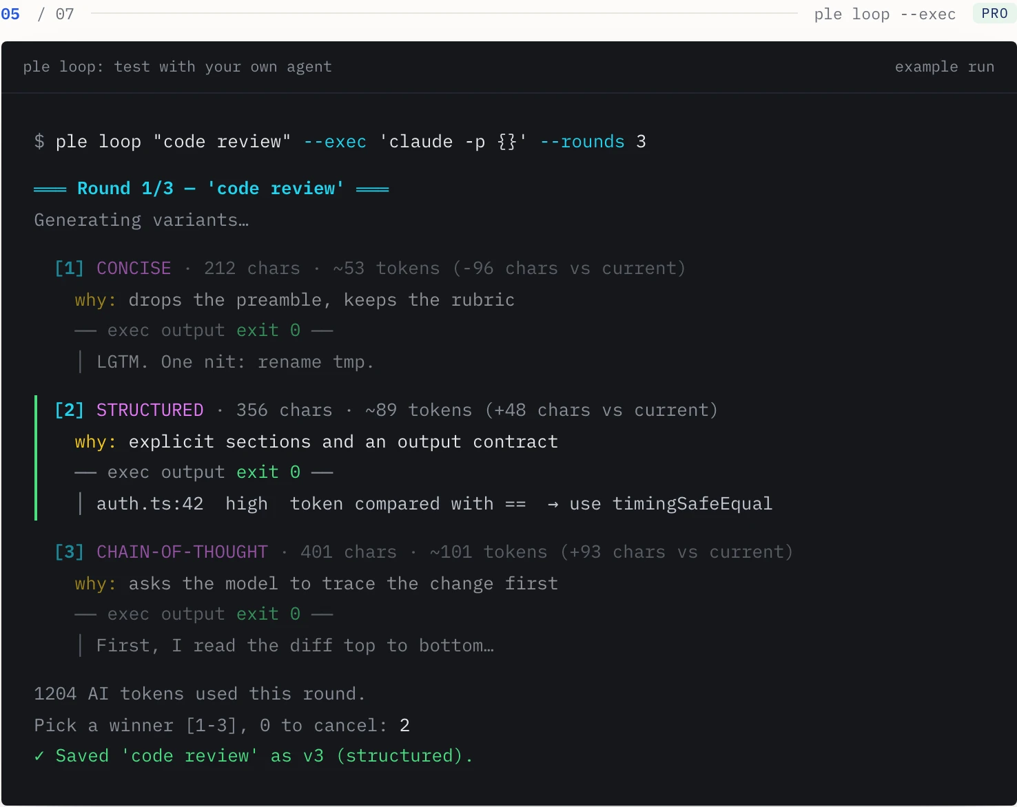 A terminal running ple loop with variants named concise, structured and chain-of-thought, each with a character and token count, ending with the structured variant saved as v3.