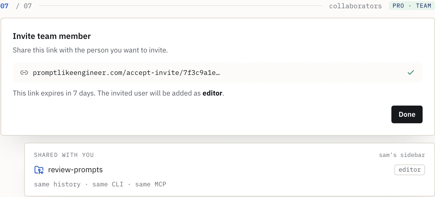 An Invite team member panel with an invite link and the note that it expires in seven days and adds the person as editor, above a Shared with you list.