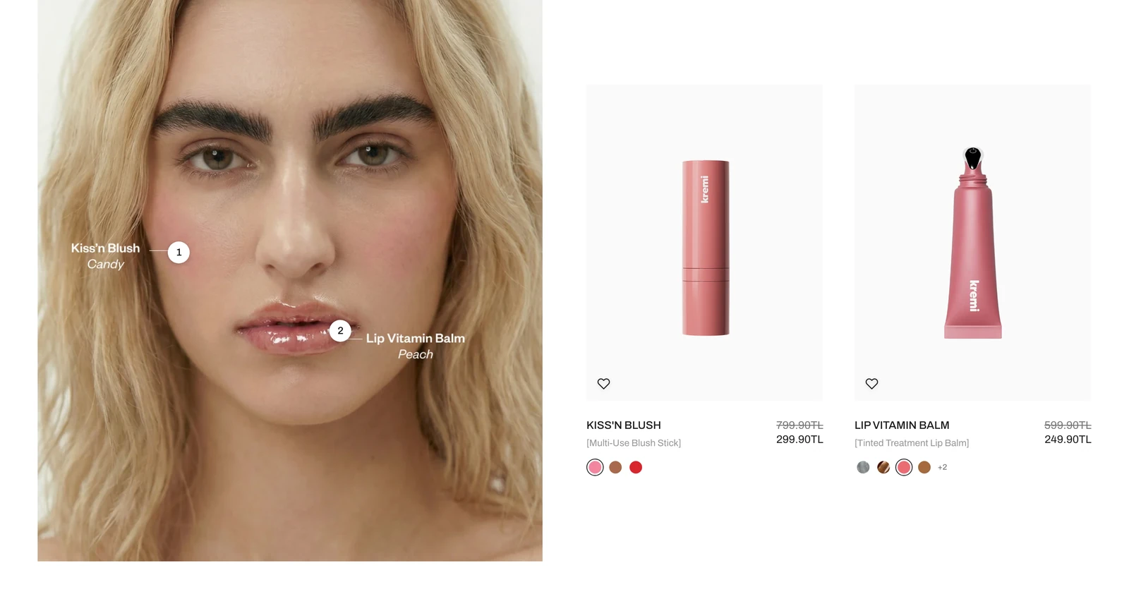 A shoppable look: a close portrait with two numbered hotspots for Kiss'n Blush and Lip Vitamin Balm, and the two product cards with prices to its right.