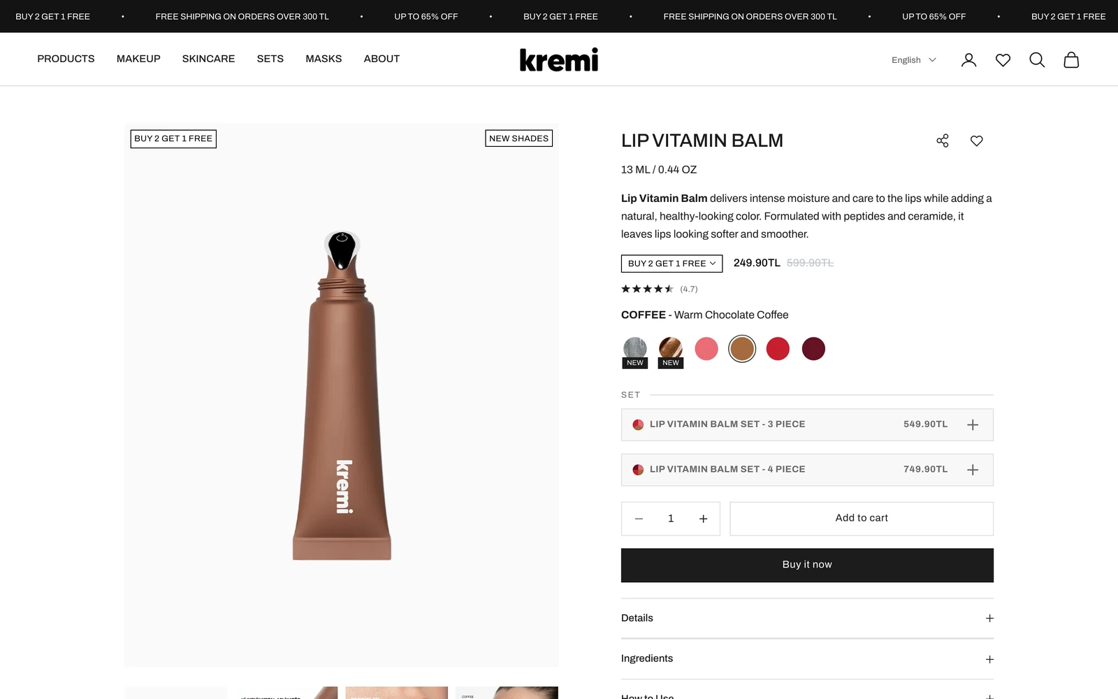A Lip Vitamin Balm product page with the Coffee shade selected: a brown tube image, six shade swatches, two set options and Add to cart.