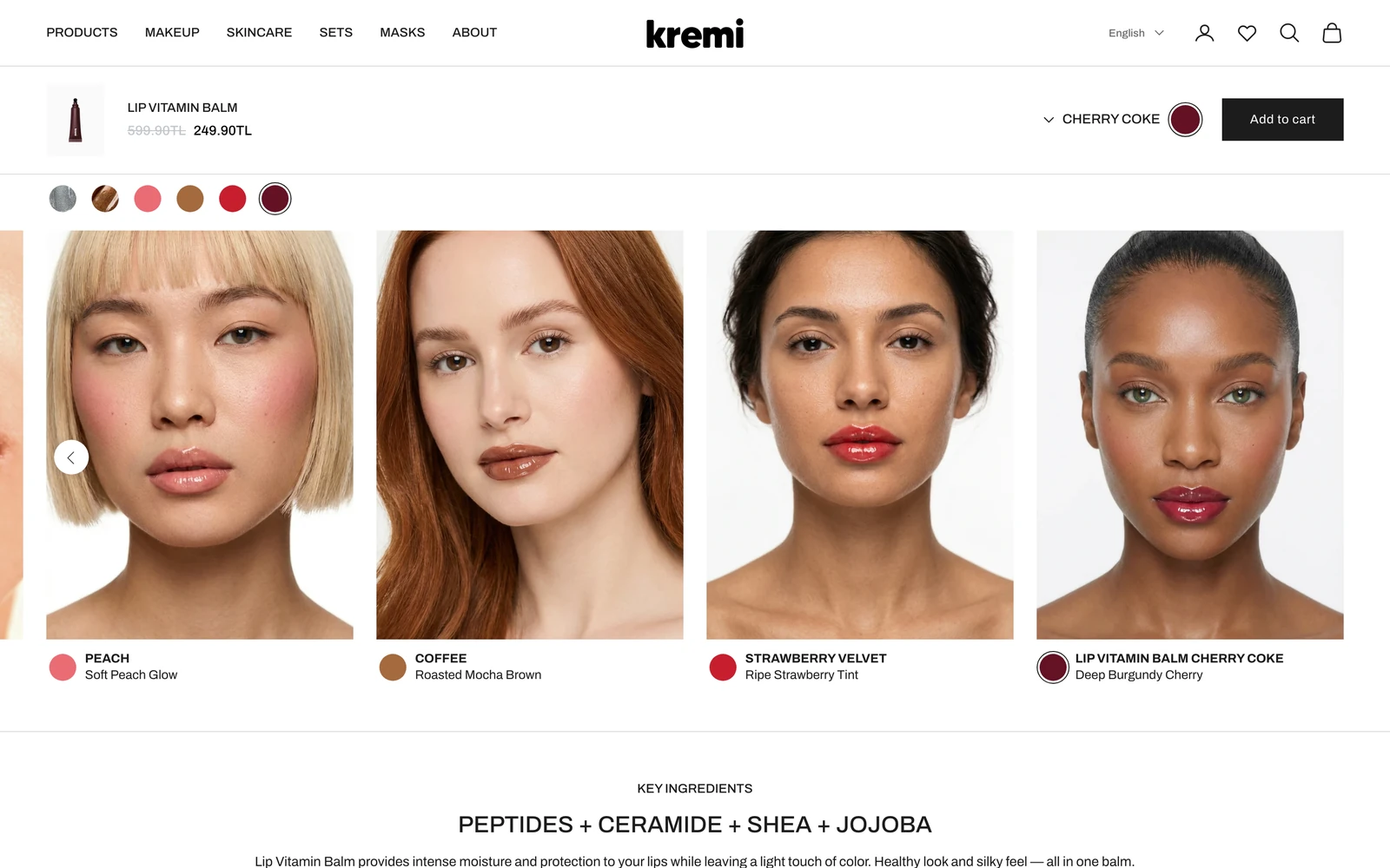 A shade preview strip: swatches on top, four model photos labelled Peach, Coffee, Strawberry Velvet and Cherry Coke, and a sticky bar with Add to cart.