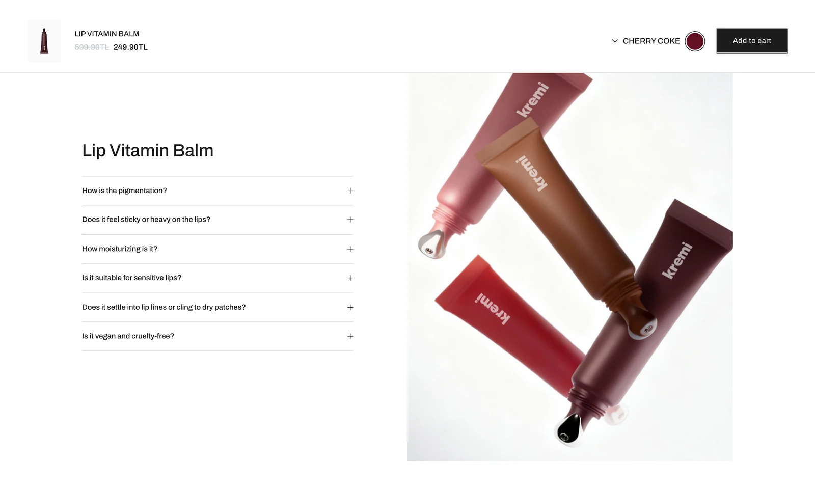 A Lip Vitamin Balm FAQ section: six collapsed questions on the left and a product photo of the tubes on the right.