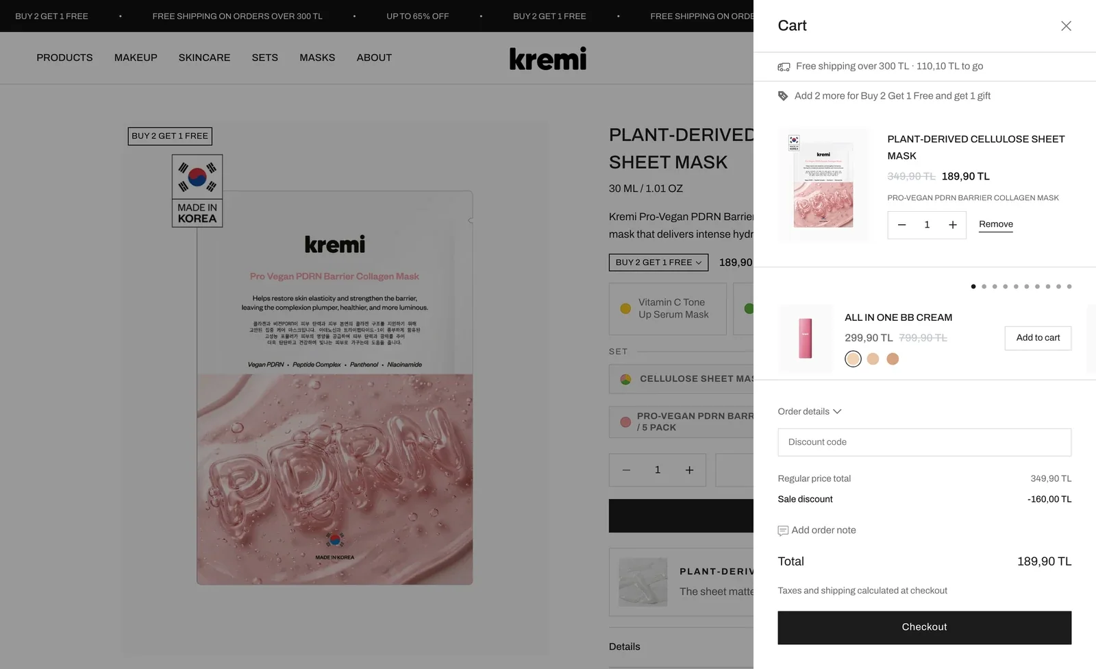 A product page dimmed behind a cart drawer listing one item, a free-shipping progress line, a promotion reminder, a discount code field and a Checkout button.