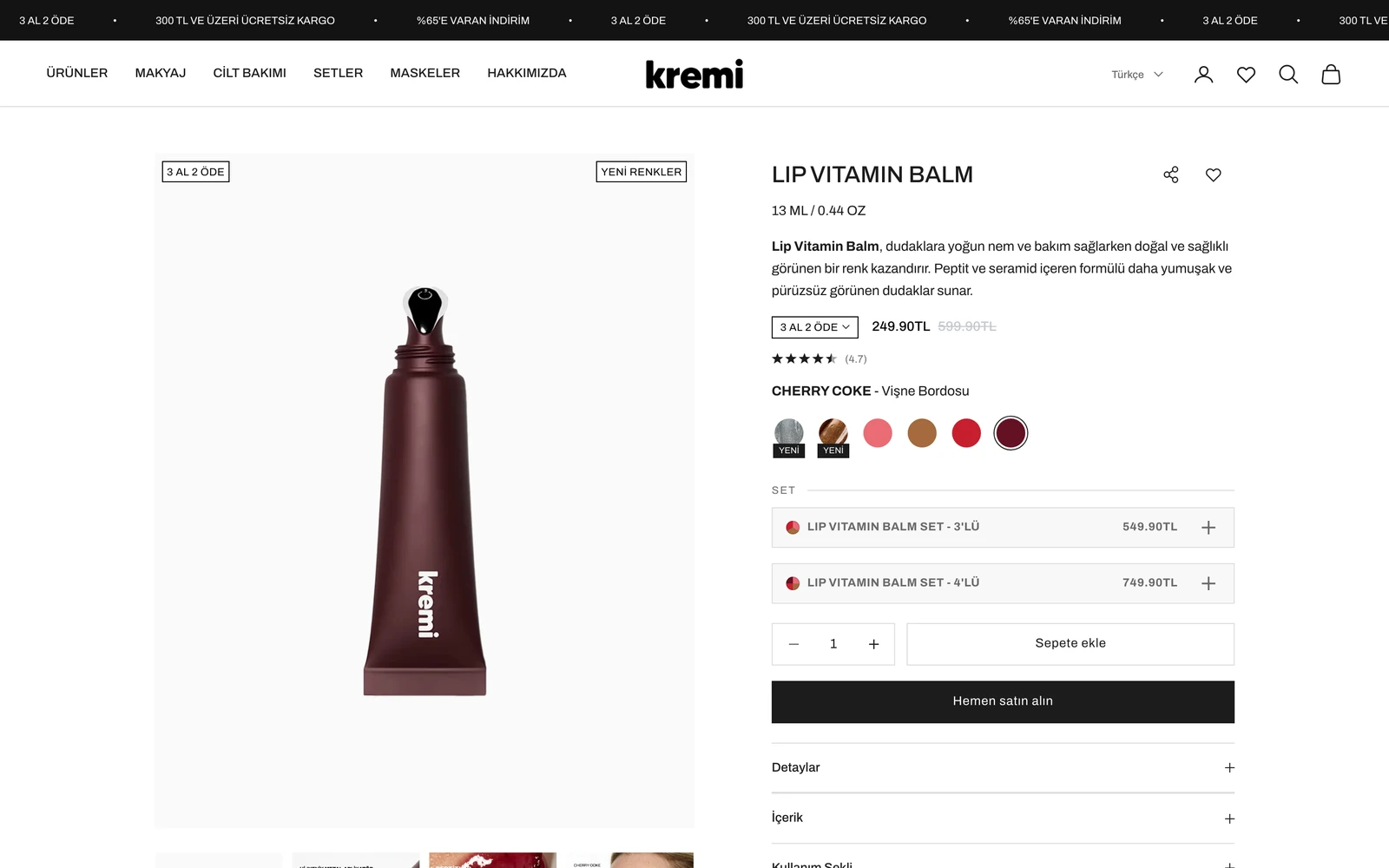 The Turkish version of the Lip Vitamin Balm page with the Cherry Coke shade selected, showing Sepete ekle and Hemen satın al buttons.